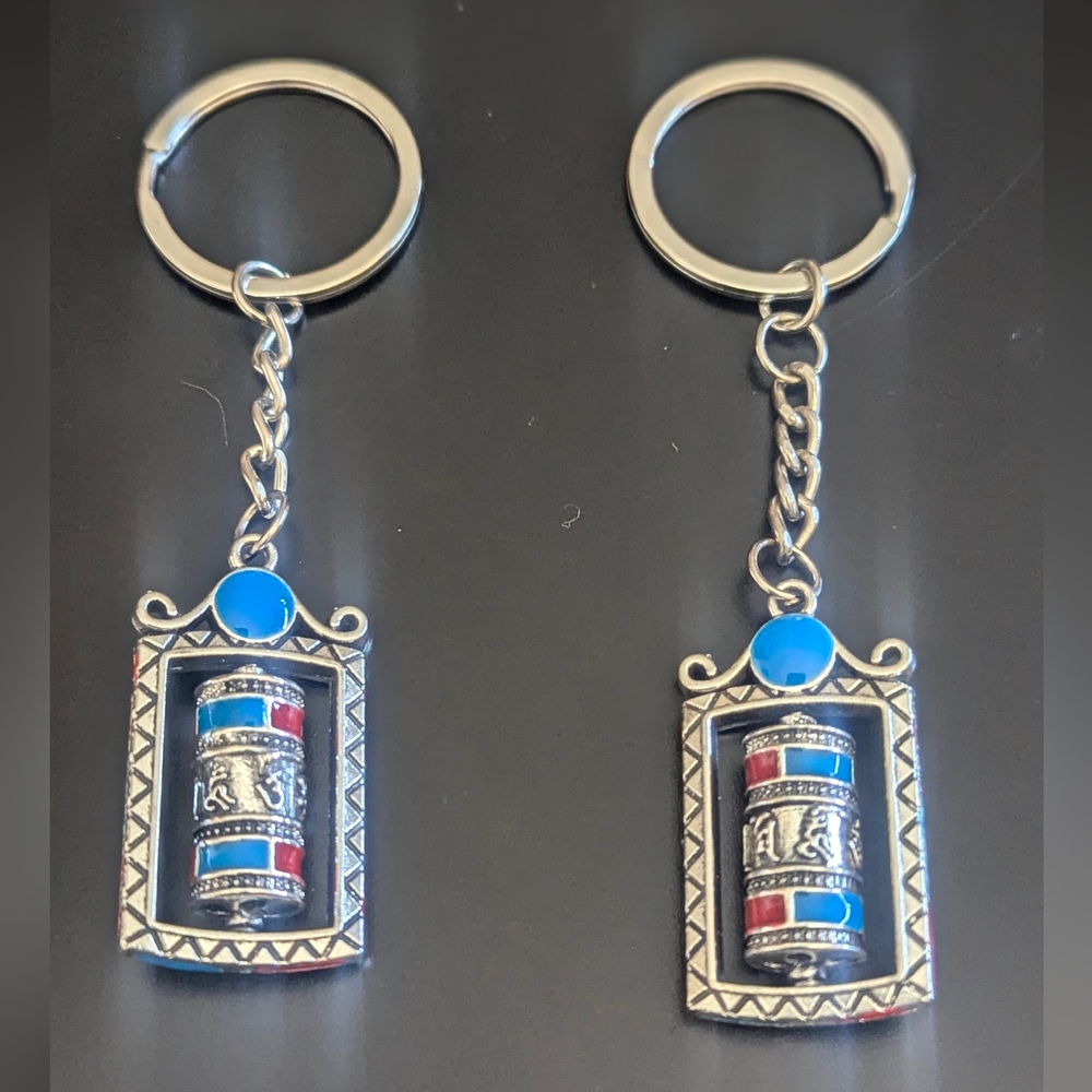 Tibetan wheel Silver and Blue Keychain Set New Without Tags